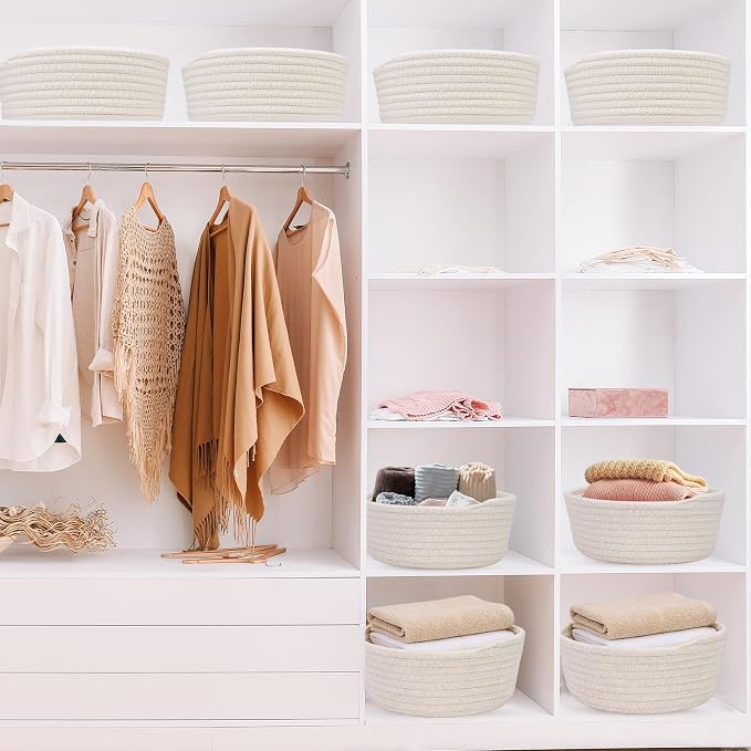 12 Pack Small Woven Storage Baskets with Gift Bag and Ribbon for Organizing Woven Natural Cotton Rope Bins Round Boho Empty Decorative Gift Chest Basket Box for Bathroom, Closet, Shelf Organizer (12) - Image 7