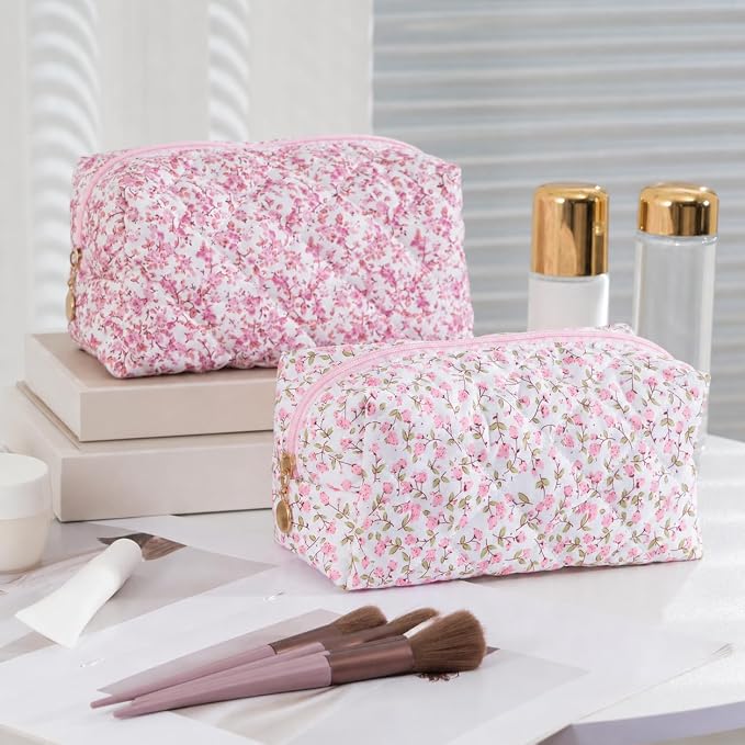 Makeup Bag Travel Toiletry Bag for Women, Small Cosmetic Bags Cute Quilted Cotton Makeup Pouch for Purse Emergency Bag Floral Pencil Case Accessory Bag, Pink - Image 7