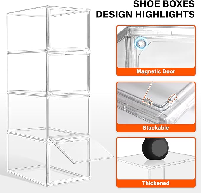 12 Pack Deep Clear PET Sneaker Boxes for Sneakers & High Tops,Fit Size 13 | 10.6 x 14.2 x 9.1 in deep narrow-front boxes for sneakers, athletic shoes and many high-top styles. Space saving storage - Image 8