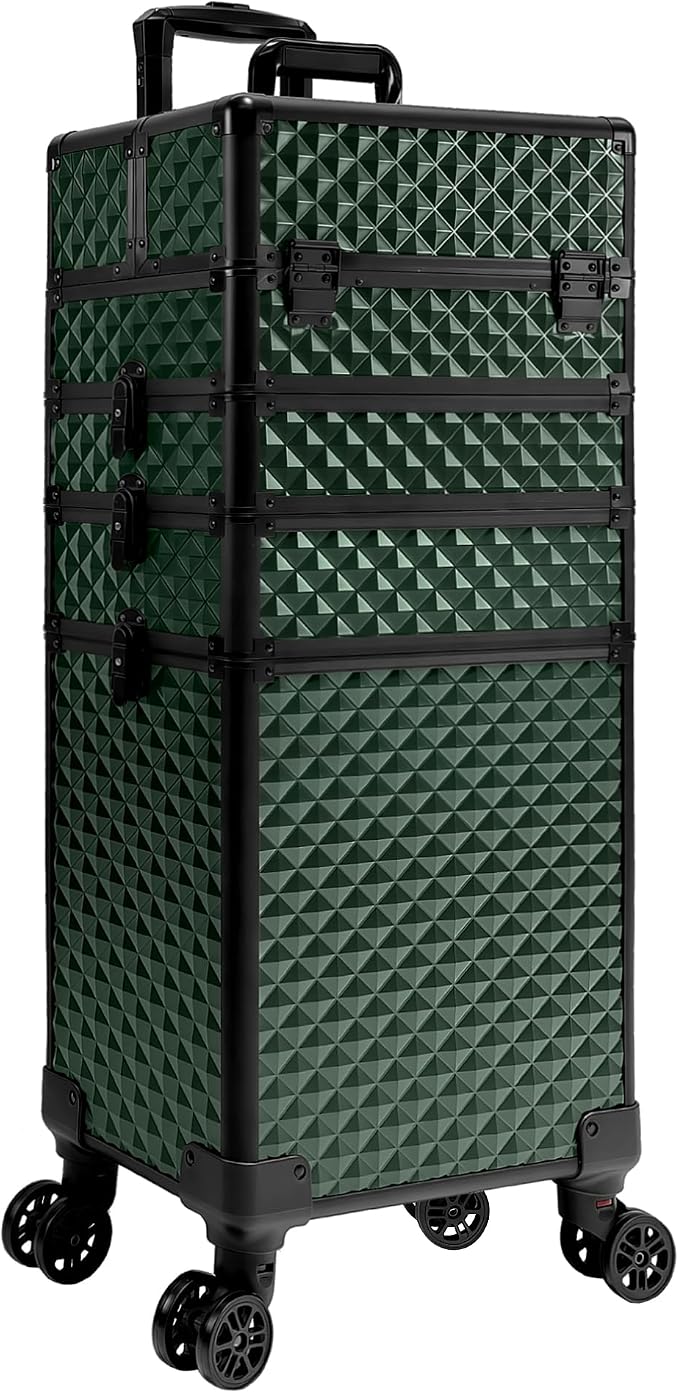 5 in 1 Rolling Makeup Train Case on Wheels Large Cosmetic Organizer Travel Cart for Women Beauty Salon Barber Hairstylist Green - Image 8