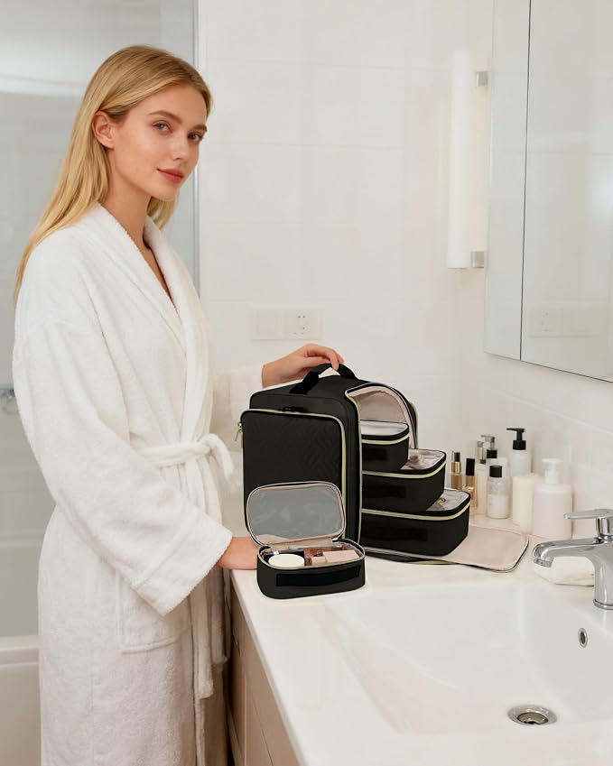 BAFAMYE Large Travel Makeup Bag - Cosmetic Organizer with 4 Removable Inner Pockets, Multi-functional Toiletry Bag for Accessories & Brushes, Women's Beauty Case, Black - Image 7