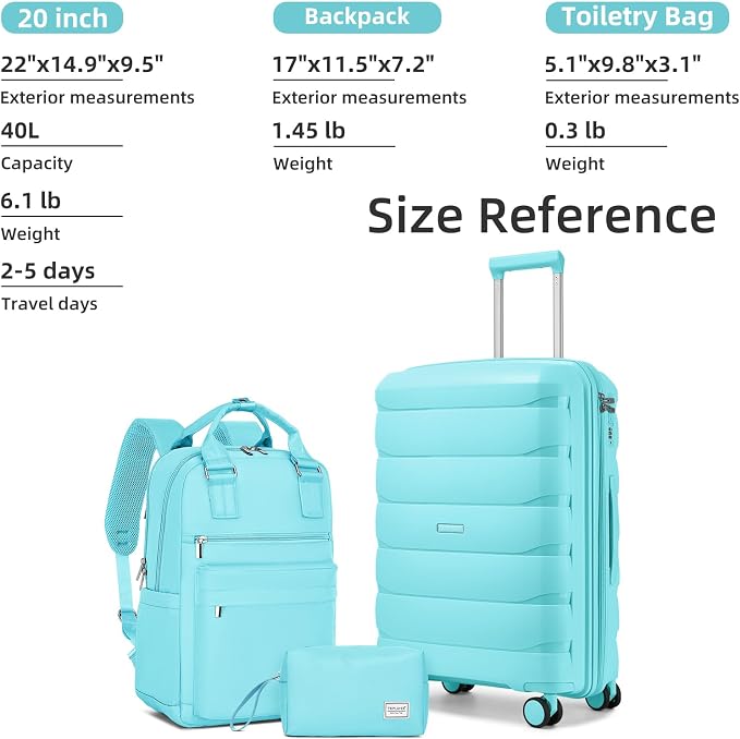 Carry On Luggage 22x14x9 Airline Approved, 22 Inch PP Hardshell Luggage Carry-on Suitcase with Spinner Wheels, Carry On Suitcase Set for Women (Baby Blue) - Image 6