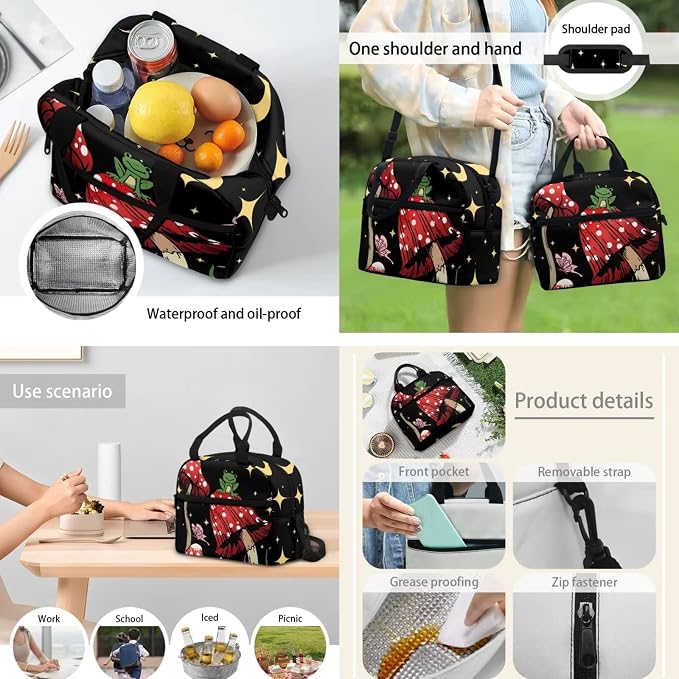 4 PCS Cute Frog Mushroom Backpack Girls Moon Stars Mushroom Schoolbag With Insulated Lunch Bag Crossbody Water Holder Case Pencil Box,Child School Bag Sets for Travel/Sports/Hiking - Image 5