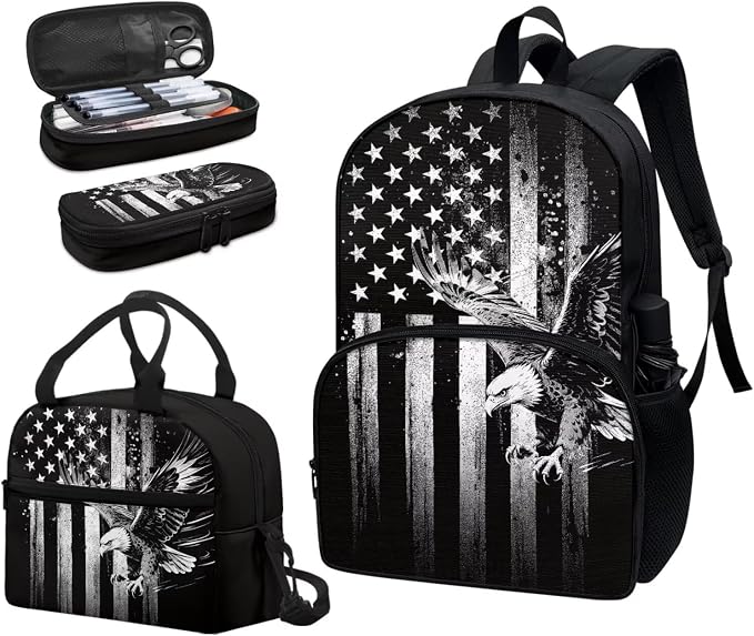 Kids Boys Backpack School Bag Set Black American Flag Eagle School Bookbag with Insulated Lunch Box Pencil Pouch Kids Lightweight School Bag Rucksack 3 Pack Set - Image 5