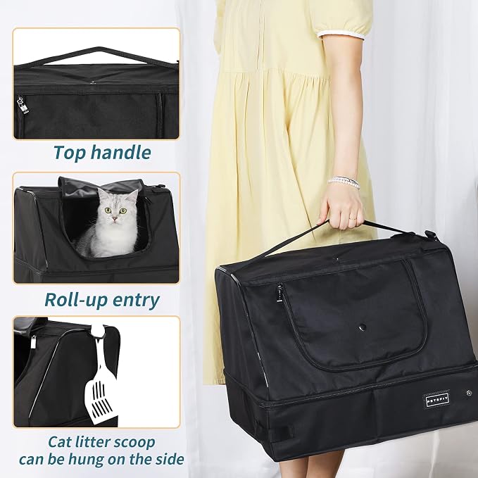 PETSFIT Portable Travel Cat Litter Box – Collapsible, 2-Layer Leak-Proof Washable Liner with Sturdy Support Frame, for Hotel/Car/Camping, Cat Travel Essentials for Kitty/Medium Cats Solid Black - Image 8