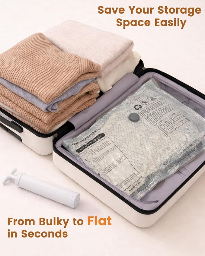 5 Pack Vacuum Bags for Travel with Hand Pump, Reusable Vacuum Storage Bags for Clothing, Travel & Home Organization for Closet, Luggage, Under Bed Storage - Image 3