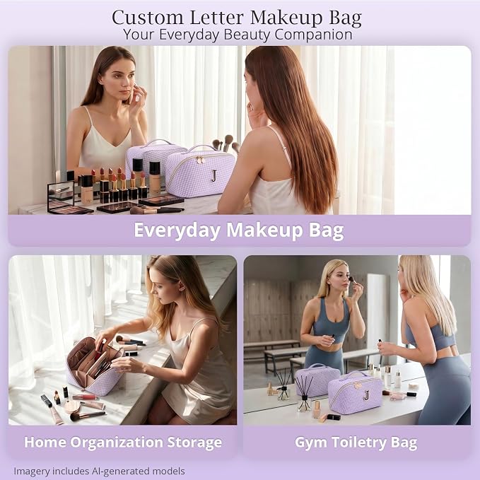 Personalized Gift Travel Makeup Bag: Initial Makeup Organizer Bag for Women | 3-in-1 Custom Make up Bag Set - Vegan Leather Travel Cosmetic Bag - Luxury Gift for Women – Birthday, Anniversary, Graduation - Image 9