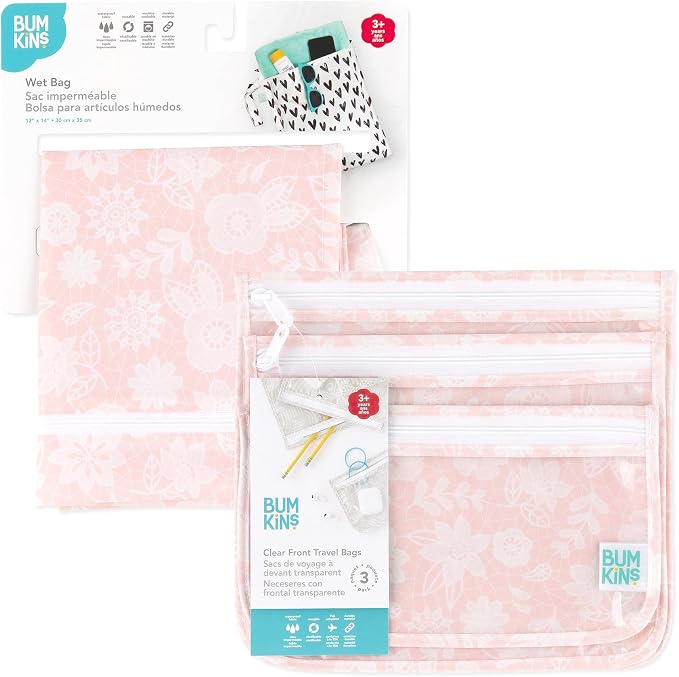 Bumkins Wet Bag and 3-Pack Clear-Sided Travel Pouches, Waterproof Organizer for Toiletries, Gym Clothes, Swim Gear, Shoes, Accessories, TSA Compliant Packing Set - Pink Lace - 4 Pack - Image 6