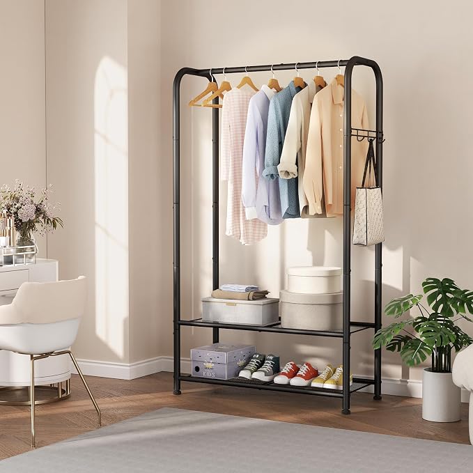 SINGAYE Wardrobe Standing Closet Clothing Rack With Shelf Hanging Clothes | Wardrobe Open Compact Small Metal Garment Hanger Stand Alone Free Standing Black Closet Rack Storage Organizer Heavy Duty - Image 9