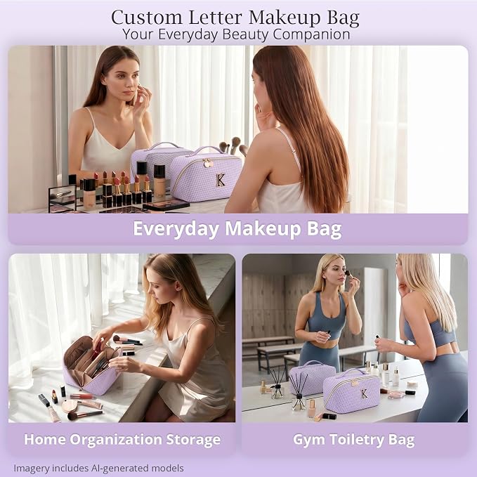 Personalized Gift Travel Makeup Bag: Initial Makeup Organizer Bag for Women | 3-in-1 Custom Make up Bag Set - Vegan Leather Travel Cosmetic Bag - Luxury Gift for Women – Birthday, Anniversary, Graduation - Image 9