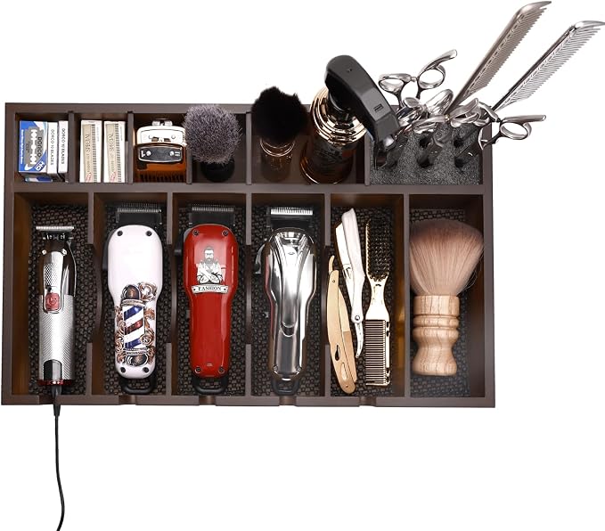 Barber Organizer Station, Wooden Multi-Functional Barber Accessories Storage Tray, Adjustable Multi-Slot Hairdressing Tool Storage Station Suitable for Hair Salons, Home Use, and Pet Shops - Image 8