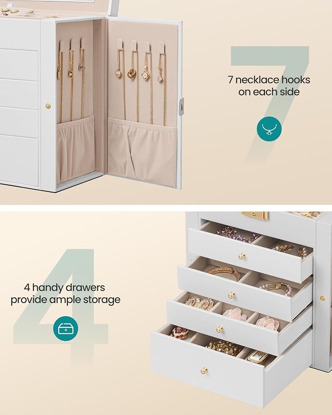 SONGMICS Jewelry Box Organizer, 5-Layer with 4 Drawers, Cream White | Jewelry Storage Case with Lock and Mirror, Large Storage Capacity, for Necklaces, Watches, Gift for Loved Ones UJBC153WD01S - Image 6