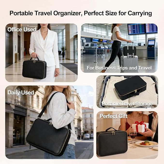 Travel Makeup Bag with Brush Holder, Professional Cosmetic Train Case Organizer, Portable Travel Makeup Brush Carry Case Artist Storage Box with Adjustable Dividers and Shoulder Strap, Leather Black - Image 6