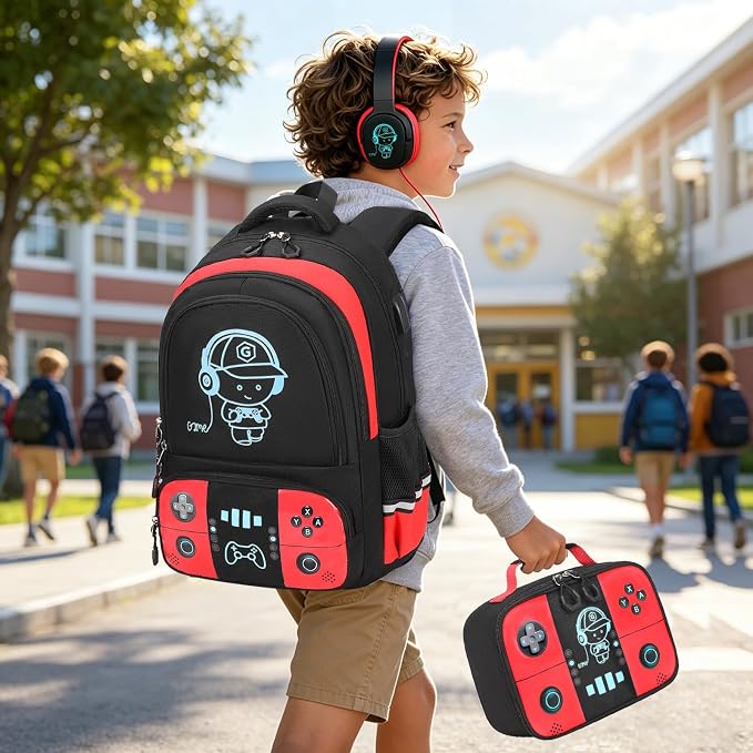 Bevalsa Backpack for School Boys,Cool Luminous Gamer Boys Backpacks with Wired Headphones Lunch Box Pencil Case,Kids Schoolbag for Teens Kindergarten Elementary School(Red Backpack with Headphones) - Image 9
