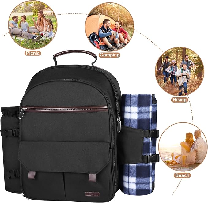 Sunflora Insulated Picnic Backpack for 2 Person Bag with Cooler Compartment, Wine Pouch, Blanket and Stainless Steel Cutlery Set for Couple, Lovers and Friends (Black) - Image 7