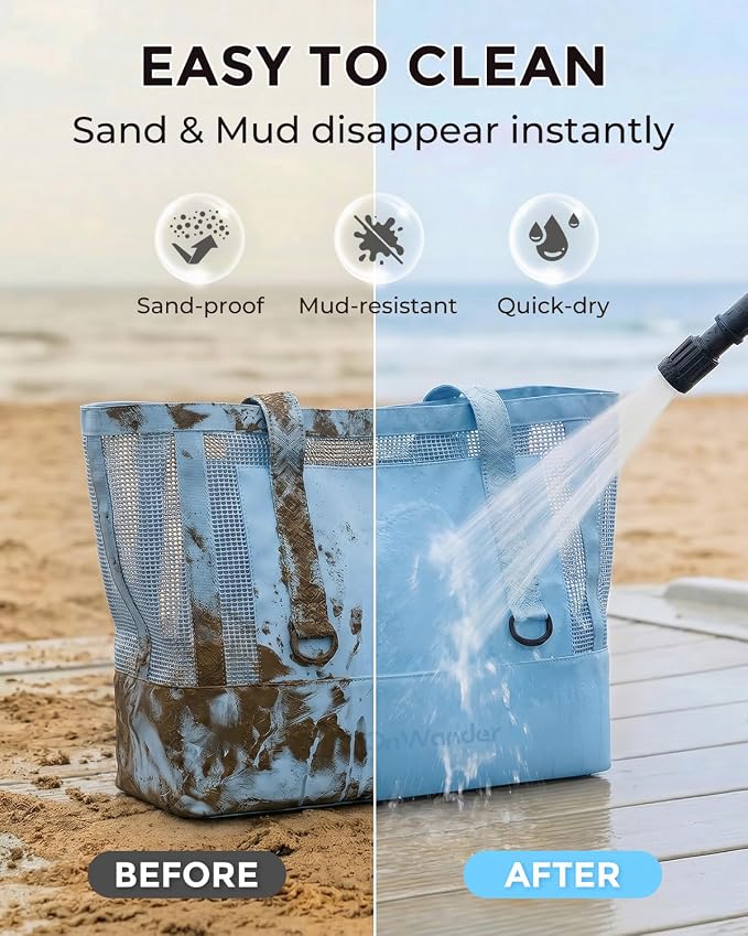Large Mesh Beach Bag, Waterproof Bottom Tote, Structured Design Waterproof Pocket, Sandproof Pool Bag for Cruise Gym - Image 9