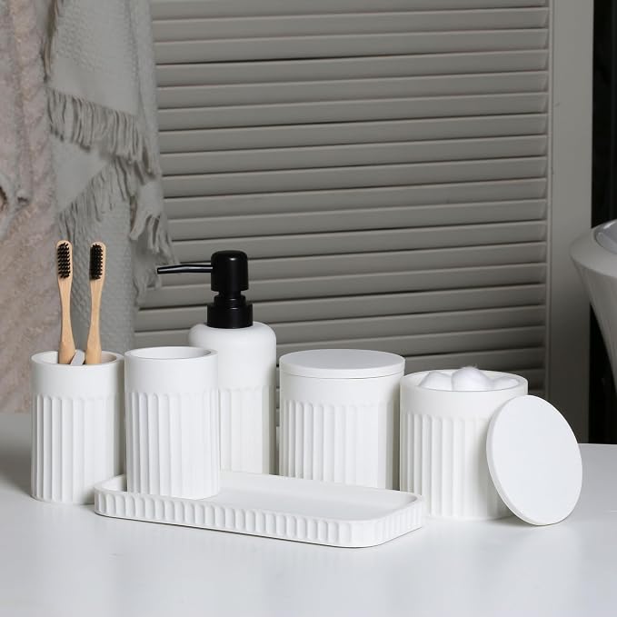 INIUNIK Bathroom Accessory Set - 6 Pieces Bathroom Accessories Set Complete with Soap Dispenser, Toothbrush Holders, Tumbler, Vanity Tray and 2 Qtip Holder for Home Organizer and Decor, White - Image 9