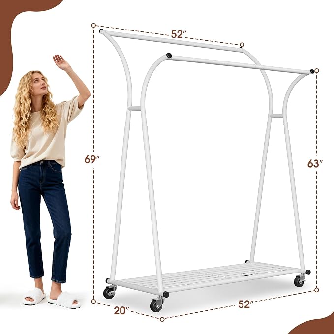 Raybee Heavy Duty Clothes Racks for Hanging Clothes, Clothing Rack with Wheels Load 360LBS, Portable Double Rod Garment Racks for Closet, Bedroom, Commercial Use, 69''H*52''W*20''D, White - Image 8