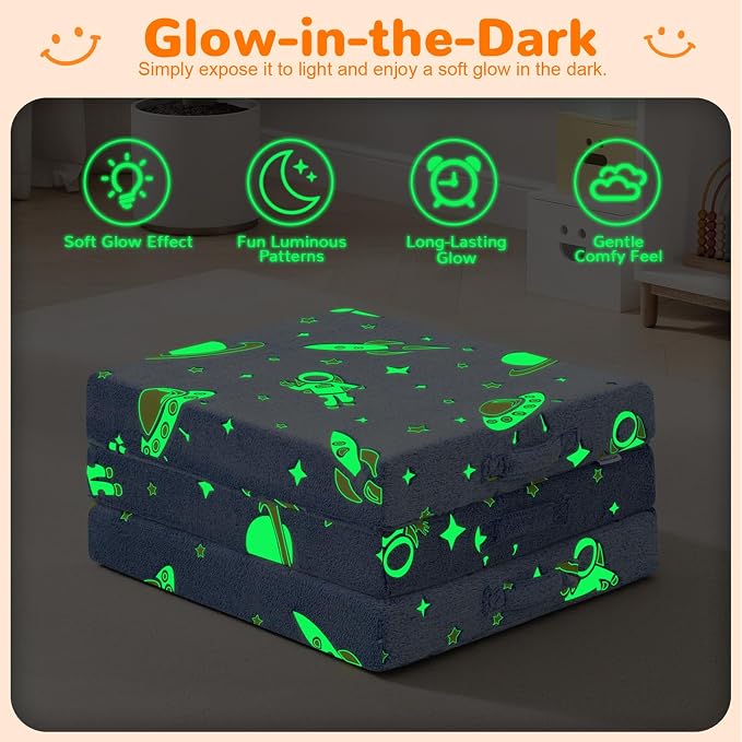 MeMoreCool Glow Rocket Kids Foldable Floor Mattress, 57x22 Inch Blue | Glow rocket trifold mattress for boys room, playroom, camping and travel - Image 7