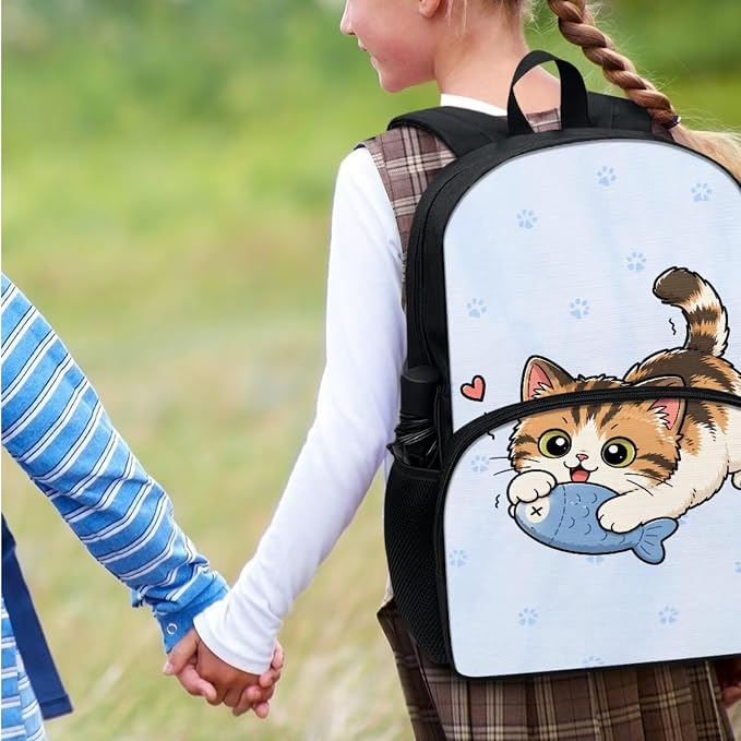 Cute Cat Fish Kids Backpack for Boys Girls, Blue Paw School Bookbag Set 4 in 1, Kids School Book Bag Schoolbag Lunch Box Pencil Case Water Bottle Holder for Elementary Senior Year School - Image 7
