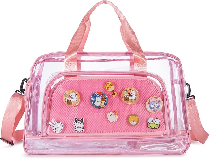 Clear Duffle Bag for Women with Anime Pins Display & Shoe Compartment, Waterproof and Convertible Crossbody for Anime Conventions, Stadium Events, Yoga, Travel & Gym (pink) - Image 8