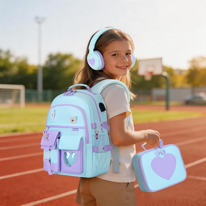 ACESAK Backpack for Girls with Headphones - Girls Backpack with Lunch Box, Pencil Case & Kids Headset - 3.5mm Wired Headphones for School Bookbag Schoolbag Set Back To School Gift (Blue Purple) - Image 8