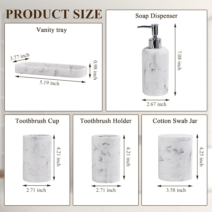Bathroom Accessories Set, 6-Piece Bathroom Accessory Set, Toothbrush Holders Set, Soap Dispenser, Vanity Tray, Tumbler, Cotton Swab Jars, Bathroom Organizer for Modern Bathrooms (Marble White) - Image 7