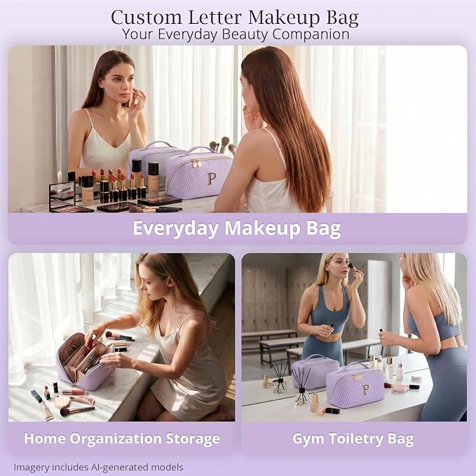 Personalized Gift Travel Makeup Bag: Initial Makeup Organizer Bag for Women | 3-in-1 Custom Make up Bag Set - Vegan Leather Travel Cosmetic Bag - Luxury Gift for Women – Birthday, Anniversary, Graduation - Image 9