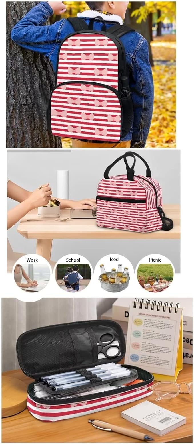 Red Bow knot Striped Backpack Set for Girls Kids Lightweight Cute School Backpack with Lunch Box Pencil Case Adjustable Strap Padded Book Bag Insulated Lunch Bag - Image 5