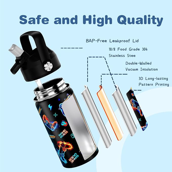 Bevalsa Kids Backpack for Boys with 14oz Insulated Bottle, Gamer Backpack School Bags for Kids & BPA-FREE Stainless Steel Metal Bottle with Straw Lid for Elementary Middle School Student (Flame) - Image 7