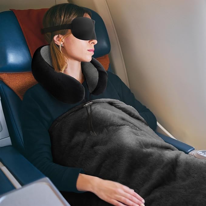 urnexttour Travel Pillow and Blanket Set Neck Pillows Travel Essentials with Sleep Mask for Airplane Car Memory Foam Black - Image 8