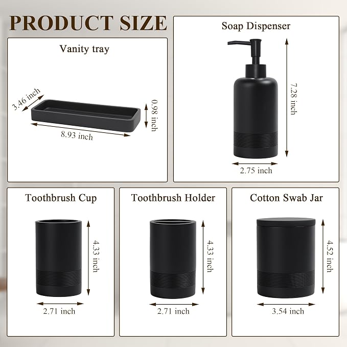 Bathroom Accessories Set, 6-Piece Bathroom Accessory Set, Toothbrush Holders Set, Soap Dispenser, Vanity Tray, Tumbler, Cotton Swab Jars, Bathroom Organizer for Modern Bathrooms(Matte Black) - Image 7