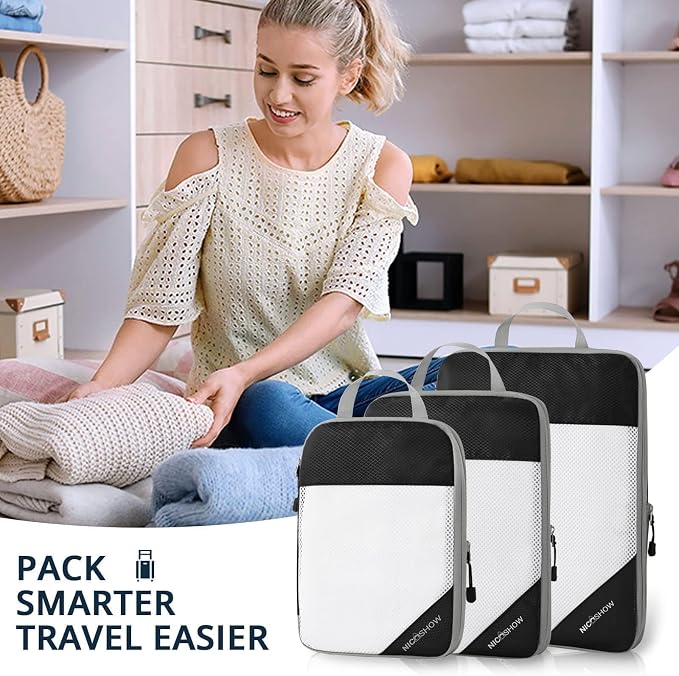 NICOSHOW 6 Set Compression Packing Cubes for Travel - Compressible, Lightweight, and Space-Saving Packing Cubes, Travel Essentials for Women, Black - Image 7