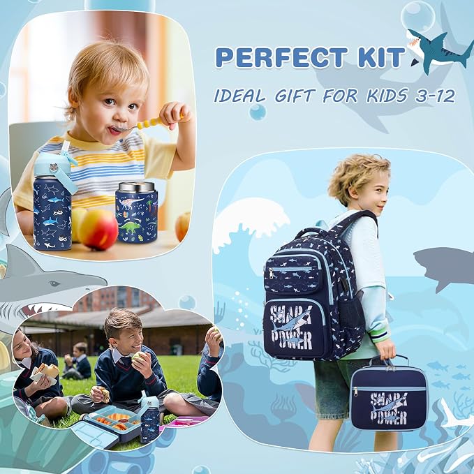 Bevalsa Kids Backpack for Boys with 14oz Insulated Bottle, School Bags for Kids & BPA-FREE Stainless Steel Metal Bottle with Straw Lid for Elementary Middle School Student (Shark) - Image 7