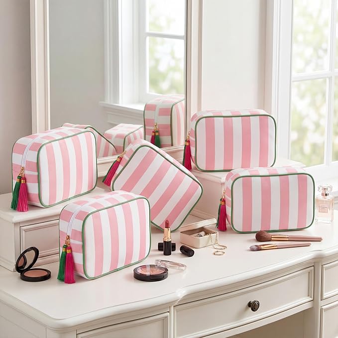 Kacctyen 6 Pack Light Pink and White Striped Makeup Bag bulk with Tassel Travel Cosmetic Pouch Organizer Large Zipper Toiletry Case for Women Aesthetic Storage Pouch Mahjong Tile Bag - Image 8