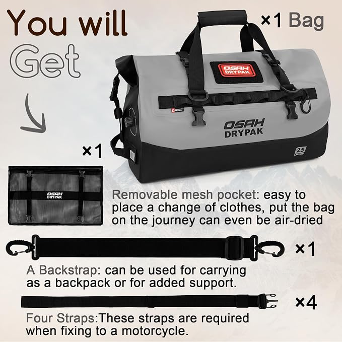 OSAH DRYPAK Waterproof Duffel Bag 25L/40L/60L – Heavy-Duty Motorcycle Tail Bag, Roll-Top Dry Bag for Travel, Camping, Boating, Kayaking, Outdoor Adventure - Image 8