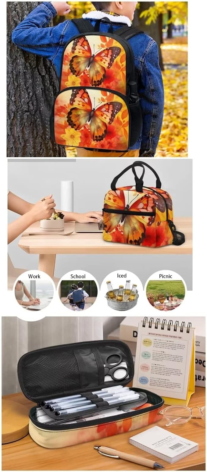 Orange Floral Butterfly Backpack Set for Girls Kids Lightweight Cute School Backpack with Lunch Box Pencil Case Adjustable Strap Padded Book Bag Insulated Lunch Bag - Image 5