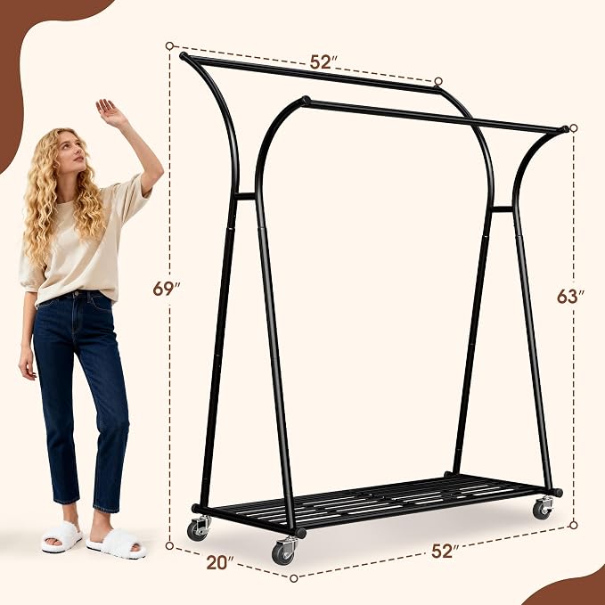 Raybee Clothes Racks for Hanging Clothes, Clothing Rack with Sturdy Wheels Load 360LBS, Portable Double Rod Garment Racks for Closet, Bedroom, Commercial Use, Black - Image 8