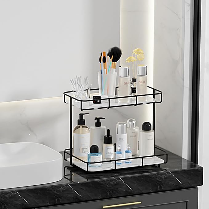 Bathroom Organizer Countertop Perfume Organizer Makeup Organizer Cosmetics Storage Display Rack Vanity Tray Dresser Stainless Steel Gold Shelf White Marble Ceramic Tray - Image 7