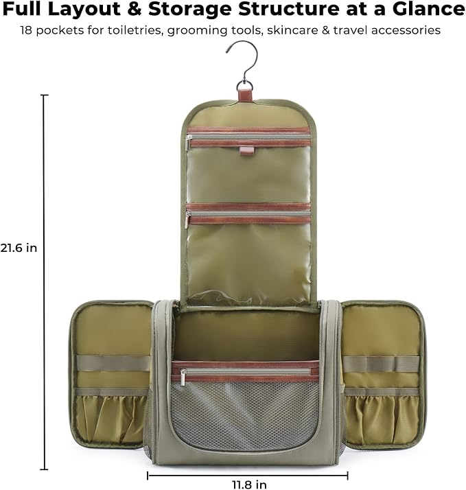Ralnitote Large Hanging Toiletry Bag for Men, Travel Bathroom Bag with Hook, Hygiene Bag Organizer for Shower, Shaving & Grooming Essentials, Green - Image 7