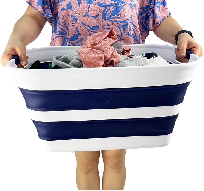 SAMMART Collapsible Plastic Laundry Basket with Handle/Foldable Pop Up Storage Hamper/Portable Laundry Organizer-Space Saving Washing Tub/Household Storage (White/Starry Blue, 27L (Set of 2)) - Image 8
