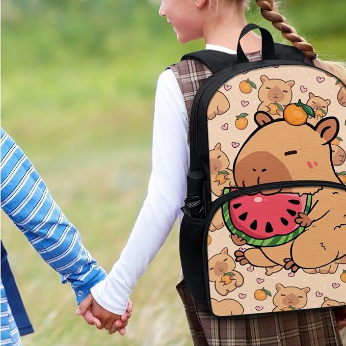 Capybara Watermelon Backpack Set for Kids, Brown School Bookbag for Girls Boys, 4 Pcs Travel Backpack Bookbag Lunch Box Pen Case Water Bottle Bag Fits 17" Laptop Knapsack Rucksack - Image 7