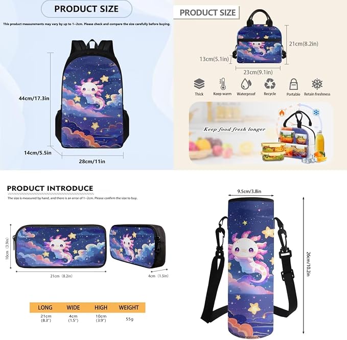 4 Pack Backpack for Boys Girls with Reusable Lunch Bag Pencil Bag Water Bottle Sling for School, Galaxy Axolotl School Bag Bookbag Rucksack Primary Middle Knapsack Set - Image 7