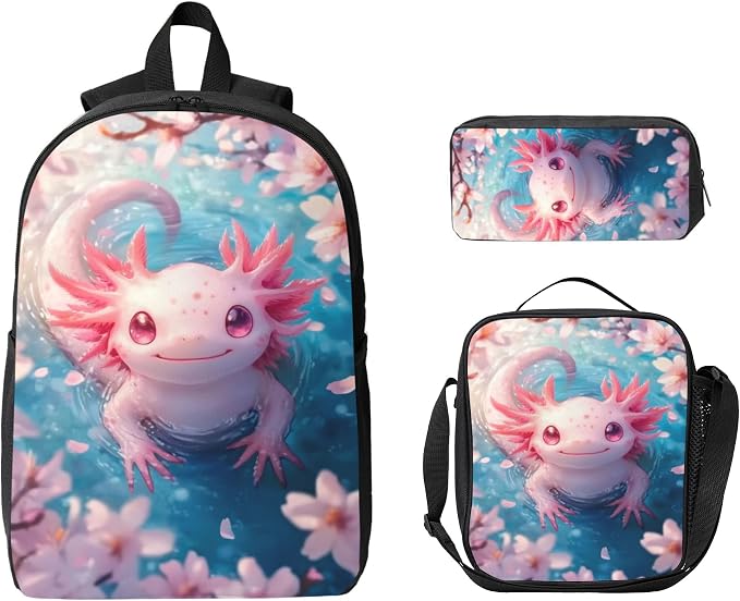 Axolotl Kid Backpack Set with Lunch Bag & Pencil Case Large Capacity School Bag 17 Inch Bookbag for Boy Girl - Image 9
