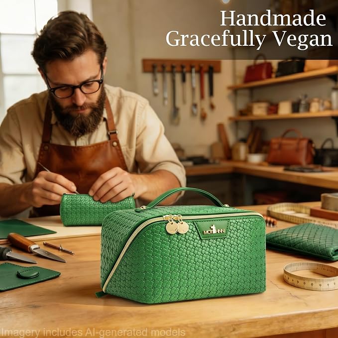 Travel Makeup Bag for Women: Designer 3 Pcs Set Cosmetic Bags for Women - Large Capacity Vagen Leather Hand-made for Toiletry Organizer - Ladies Travel Flat Open Essentials for Luxury (04Green) - Image 8
