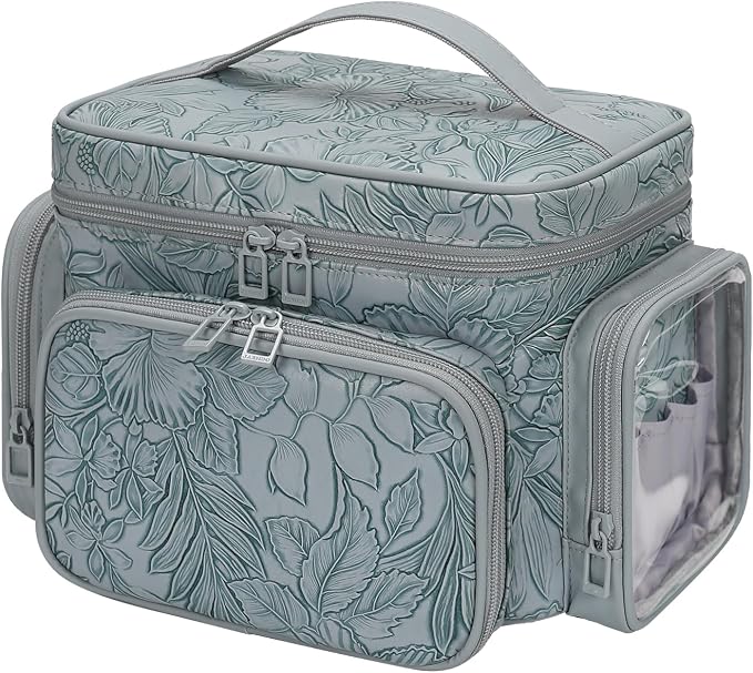 Bagmoly Large Makeup Bag, Portable Travel Makeup Bag Organizer for Women Girls with Makeup Brush Compartment & Two Side Pockets, Cosmetic Travel Bag Vertical Storage Toiletry - Floral Blue - Image 8