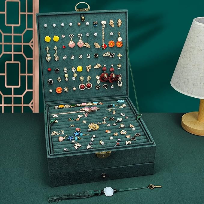 Jewelry Organizer 5 Layers Velvet Square Jewelry Box Women Necklace Ear studs Display Bangles Large Jewelry Storage Case Drawer GY306 (blackish green) - Image 8