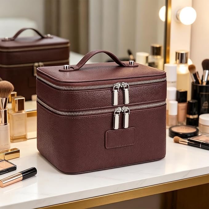 Makeup Case,Leather Double Layer Makeup Bag Duo,Large Portable Travel Toiletry Case Cosmetic Organizer for Women - Image 6