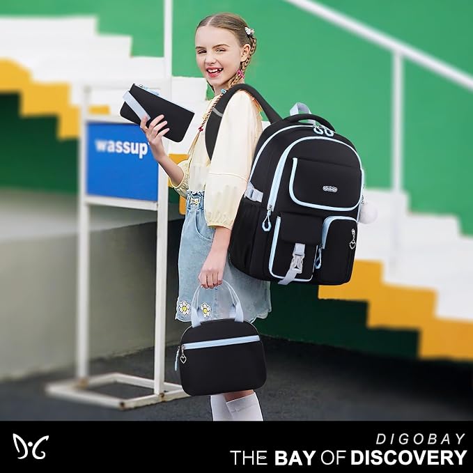 DIGOBAY Backpacks for Girls, 3PCS School Backpack with Lunch Box Pencil Pouch for Teen Girls Kids Elementary Primary Middle High College Travel School bag Bookbag Set (Black Blue) - Image 7