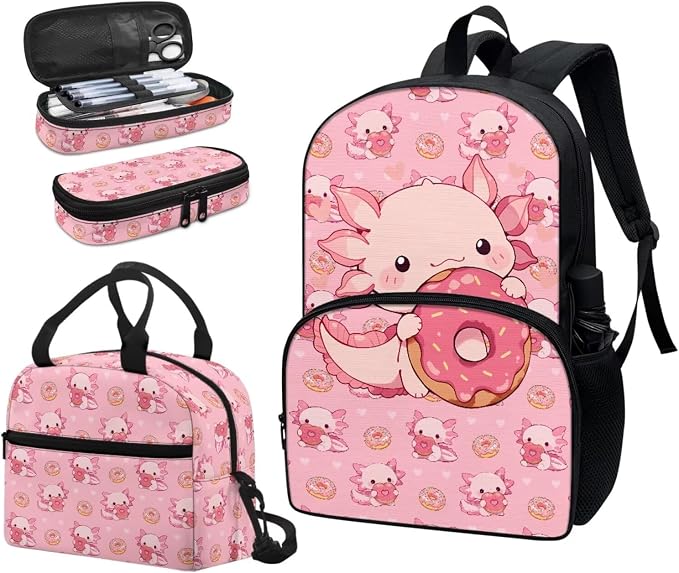 Axolotl Donuts Backpack for Kids, Girls Cute Backpack School Bookbag with Insulated Lunch Box Pencil Case 3 in 1, Lightweight Backpack for Travel - Image 6